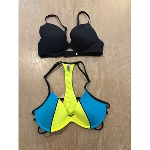 Victoria's Secret PINK 34B Push Up Bra Lot of 2 Black Lace Neon Blue Yellow